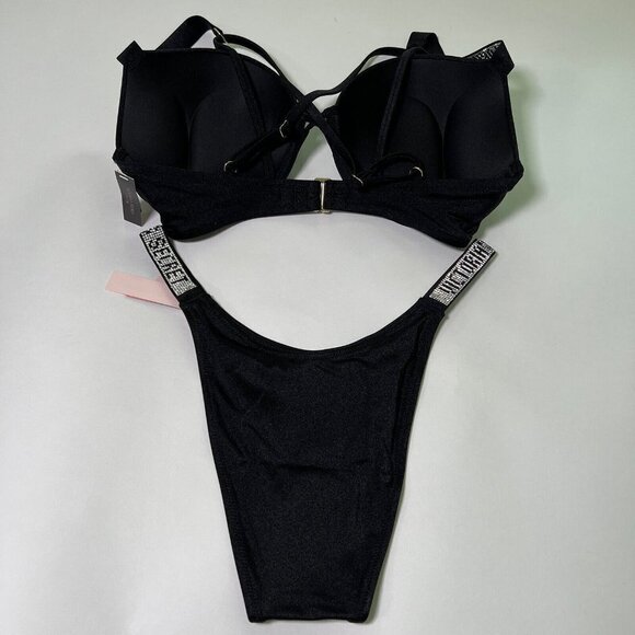 Victoria Secret 32C S Bombshell Push Up Top Bikini Set Shine Strap LOGO Black - Picture 3 of 15